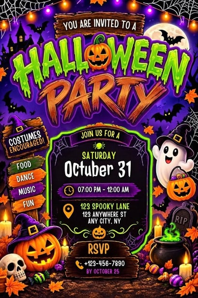 Halloween party invitation with a ghost, pumpkins, bats and a neon green frame on a purple background