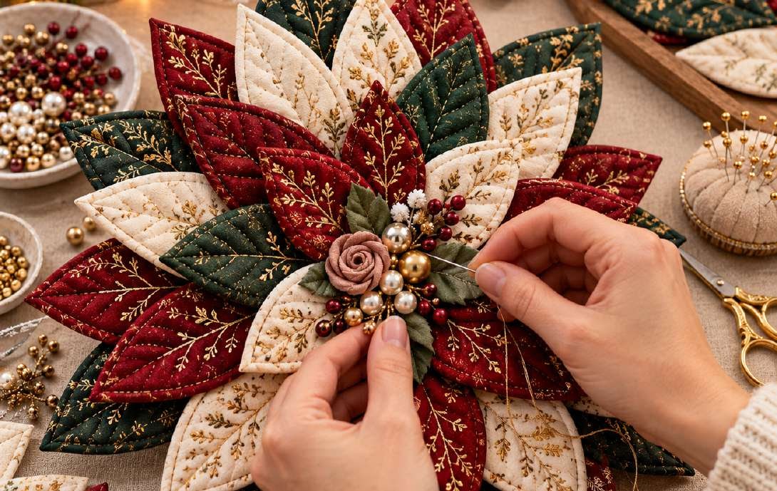 Hands arranging a blush fabric rosette with pearl and antique-gold beads at the centre of the quilted poinsettia wreath