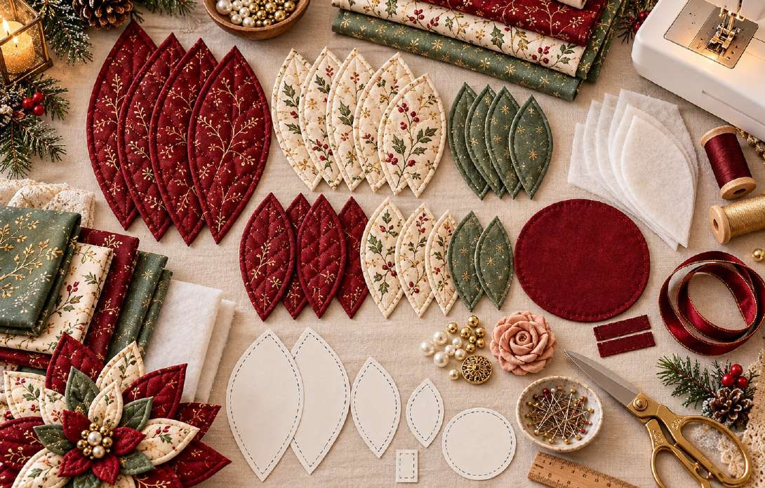A selection of cut quilted poinsettia petals in burgundy, champagne ivory and muted sage arranged with fabric, batting and sewing tools ready for assembly