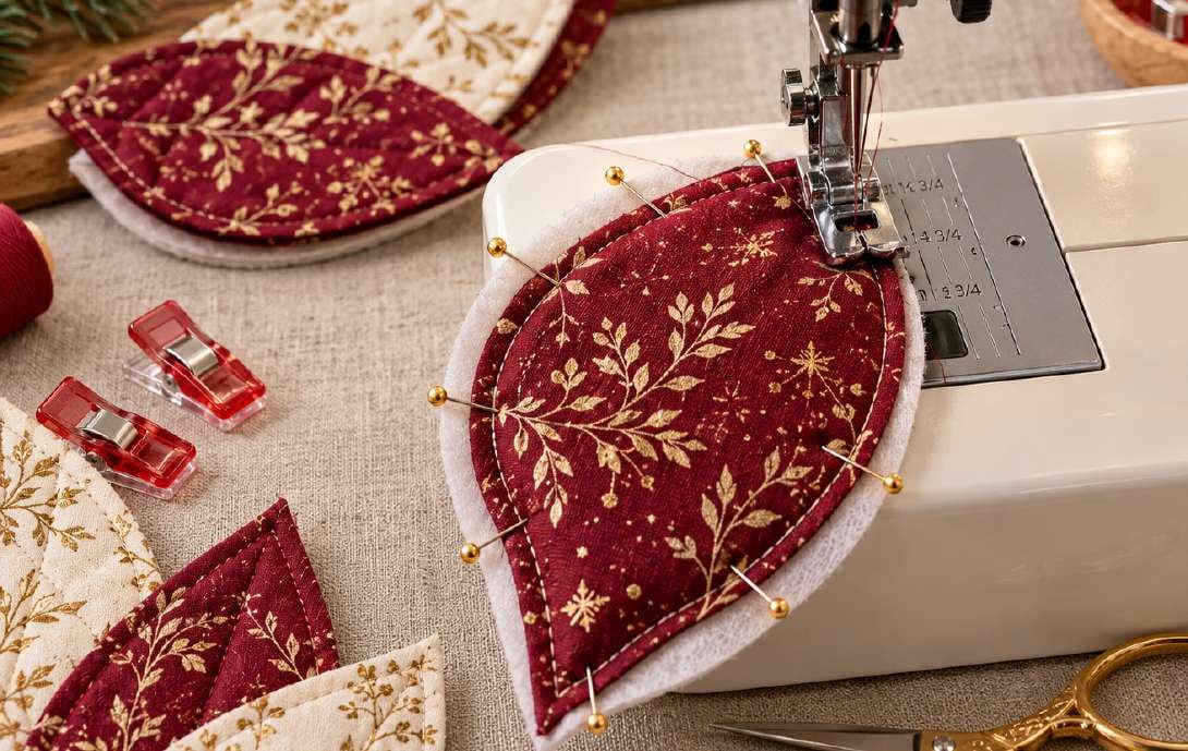 Sewing a quilted poinsettia petal on a sewing machine with burgundy fabric, low-loft batting and a 0.7 cm seam allowance