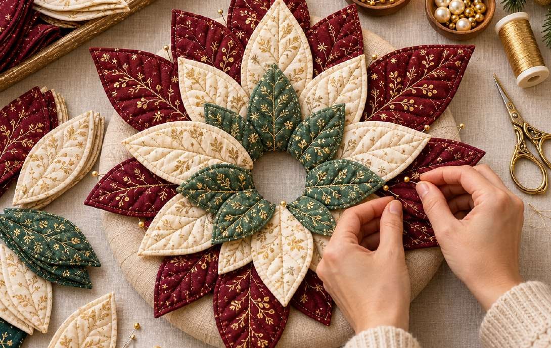Arranging quilted poinsettia petals in concentric layers on the support circle, offsetting each tier so the points fall between the layer below