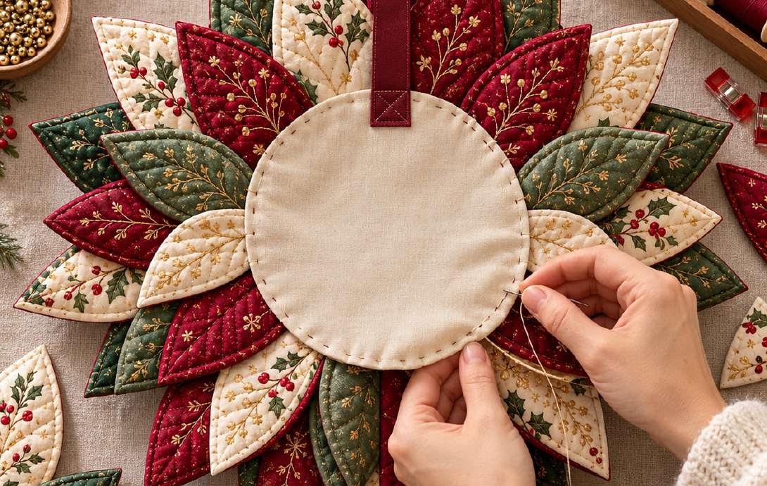 A covered fabric support circle for the quilted poinsettia wreath with clock-face placement marks for the outer petal layer