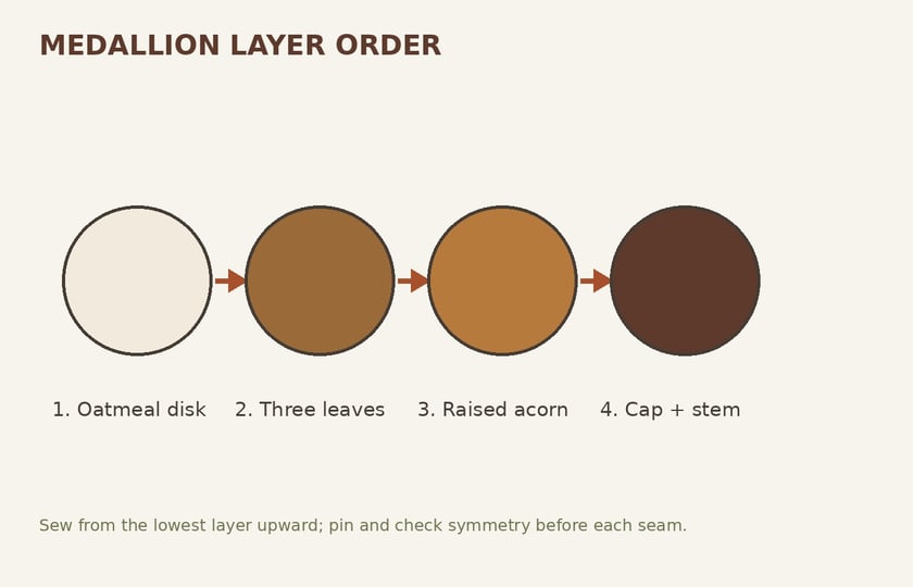 Medallion layer order diagram: oatmeal disk, then three leaves, then the raised acorn, then the cap and stem