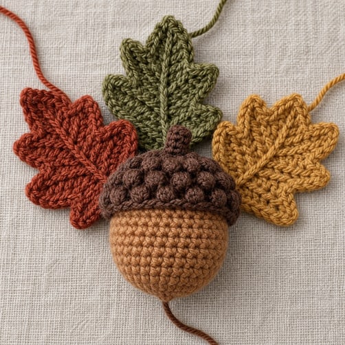 Three crochet autumn leaves in warm rust, muted olive and antique gold beside the raised acorn with its bobble cap