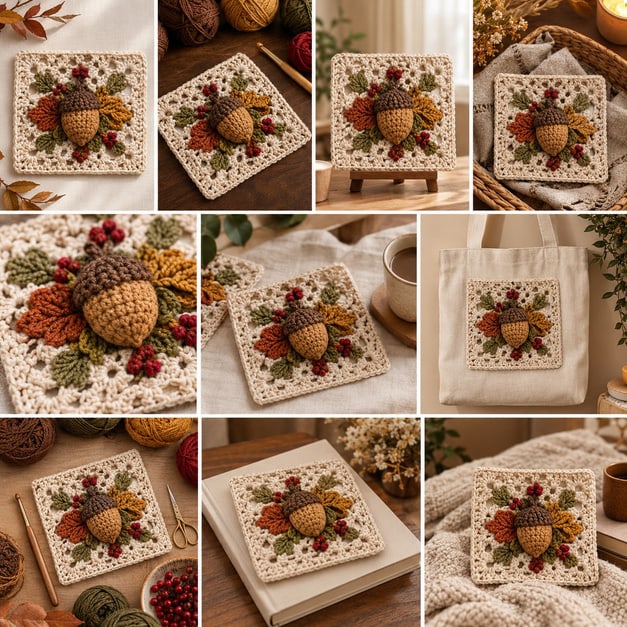 Autumn acorn medallion squares styled as cushion covers, table runners and seasonal decor in warm autumn tones