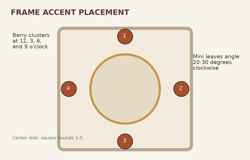 Frame accent placement guide: berry clusters at 12, 3, 6 and 9 o'clock with mini leaves angled 20 to 30 degrees clockwise