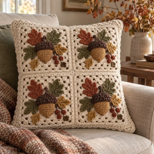 Four autumn acorn medallion squares joined into a cushion front, resting on a sofa with autumn foliage behind
