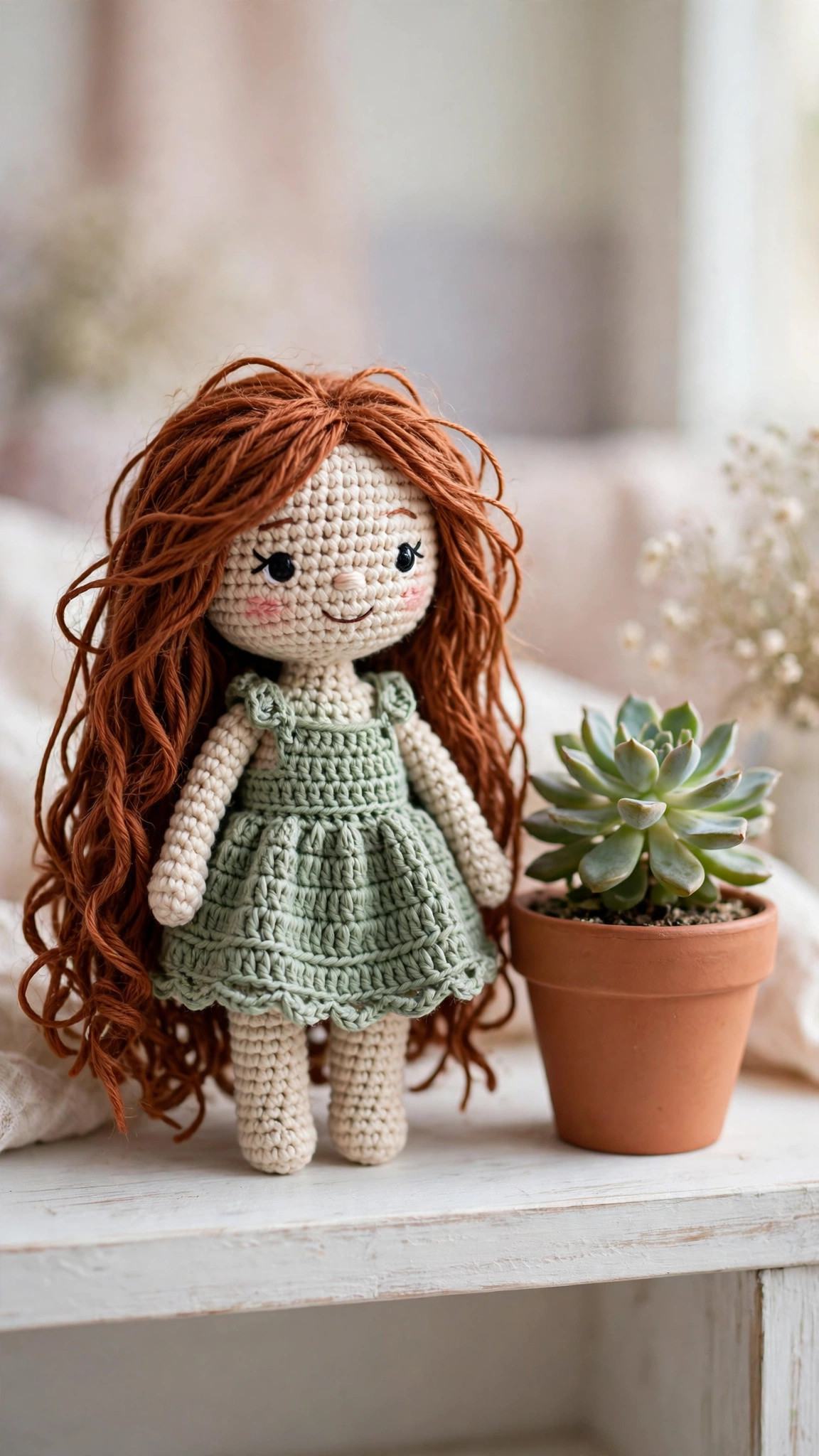 A handmade crocheted amigurumi doll with long auburn yarn hair and a sage green dress standing on a white shelf next to a plant, amigurumi doll free pattern