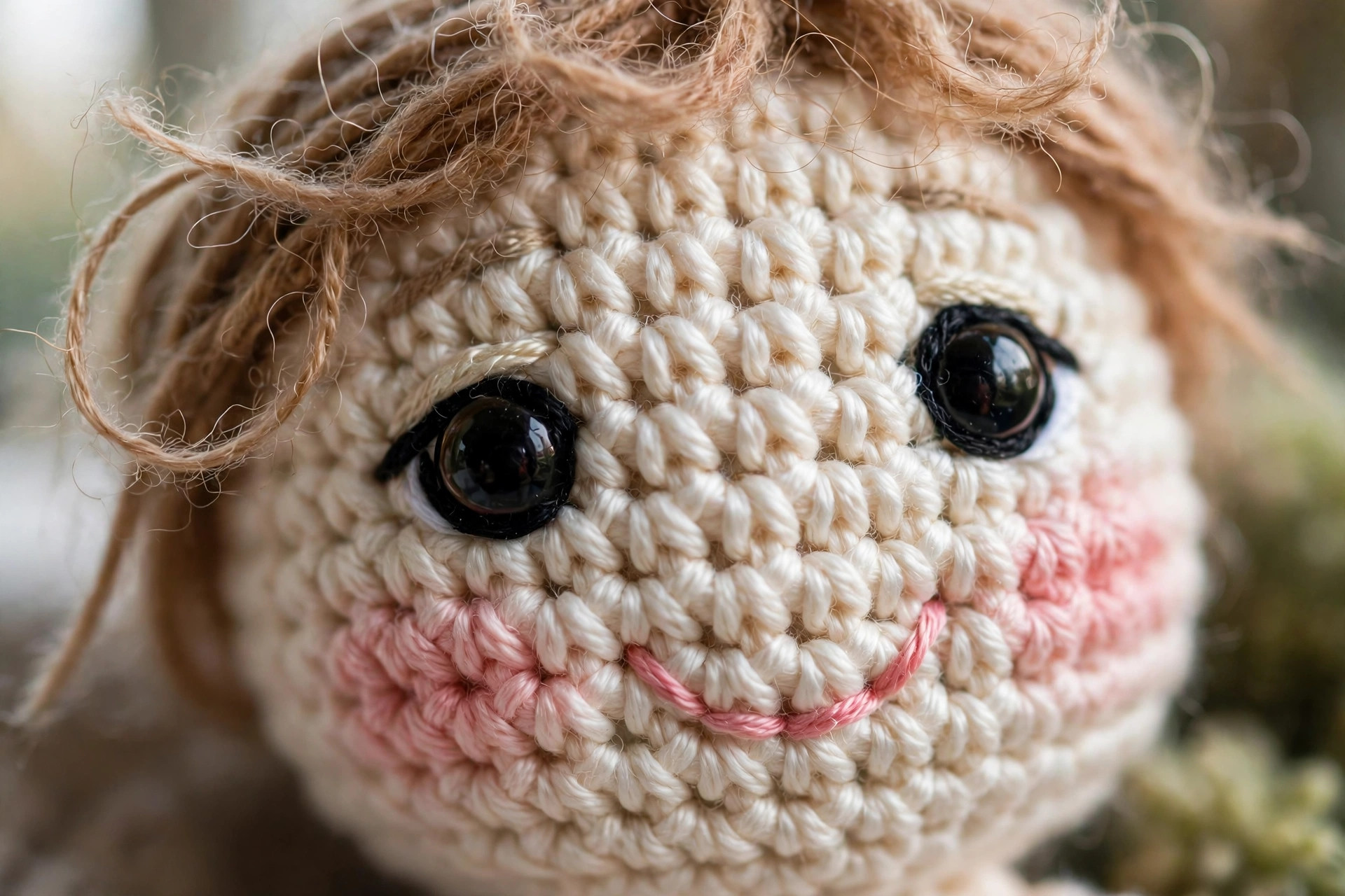 Close-up detail of the embroidered smiling face of a handmade crocheted amigurumi doll showing safety eyes and yarn hair, amigurumi doll free pattern