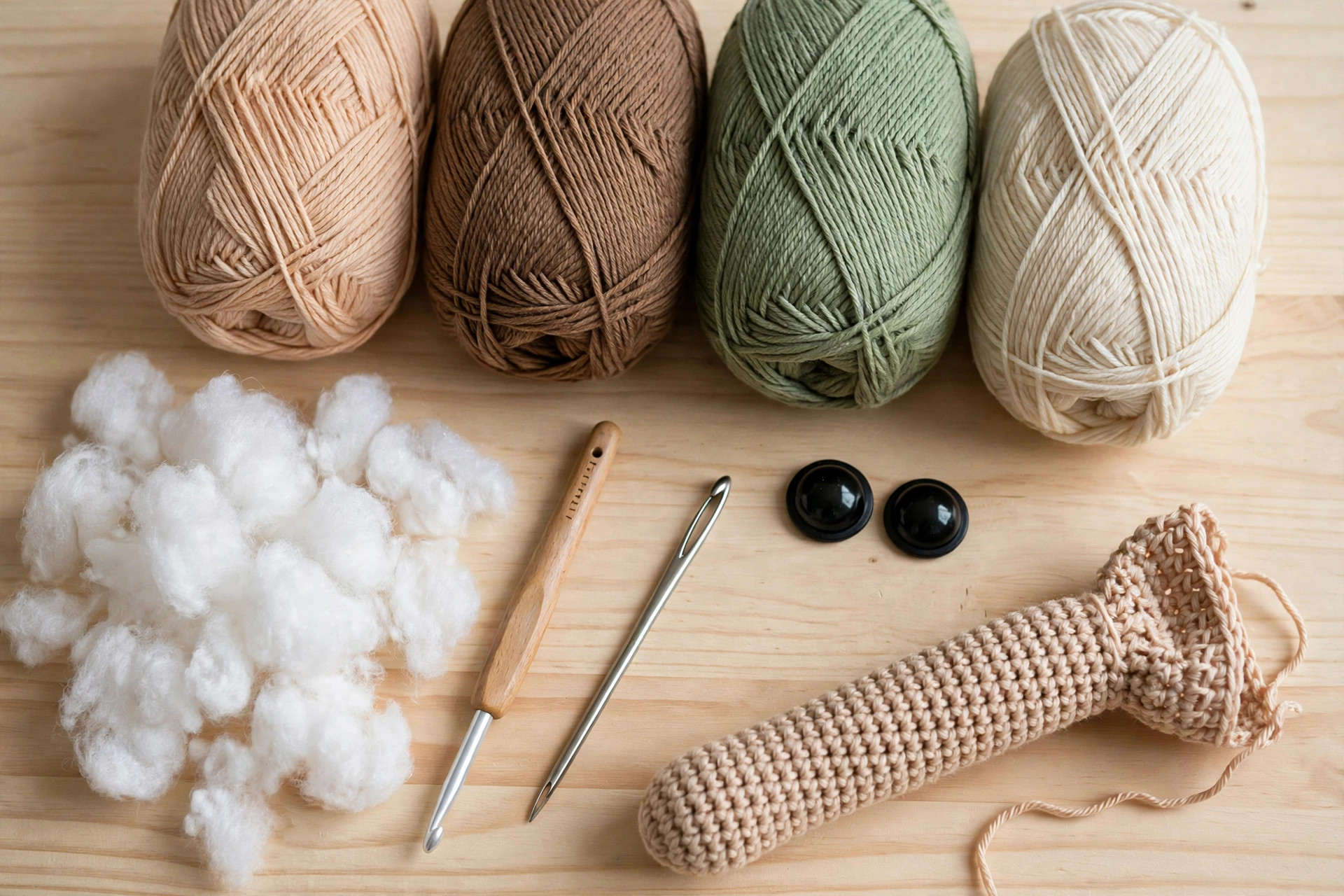 Flat lay of yarn skeins in skin tone, brown, sage green and cream with a crochet hook, toy stuffing, safety eyes and a partly crocheted doll arm, amigurumi doll free pattern