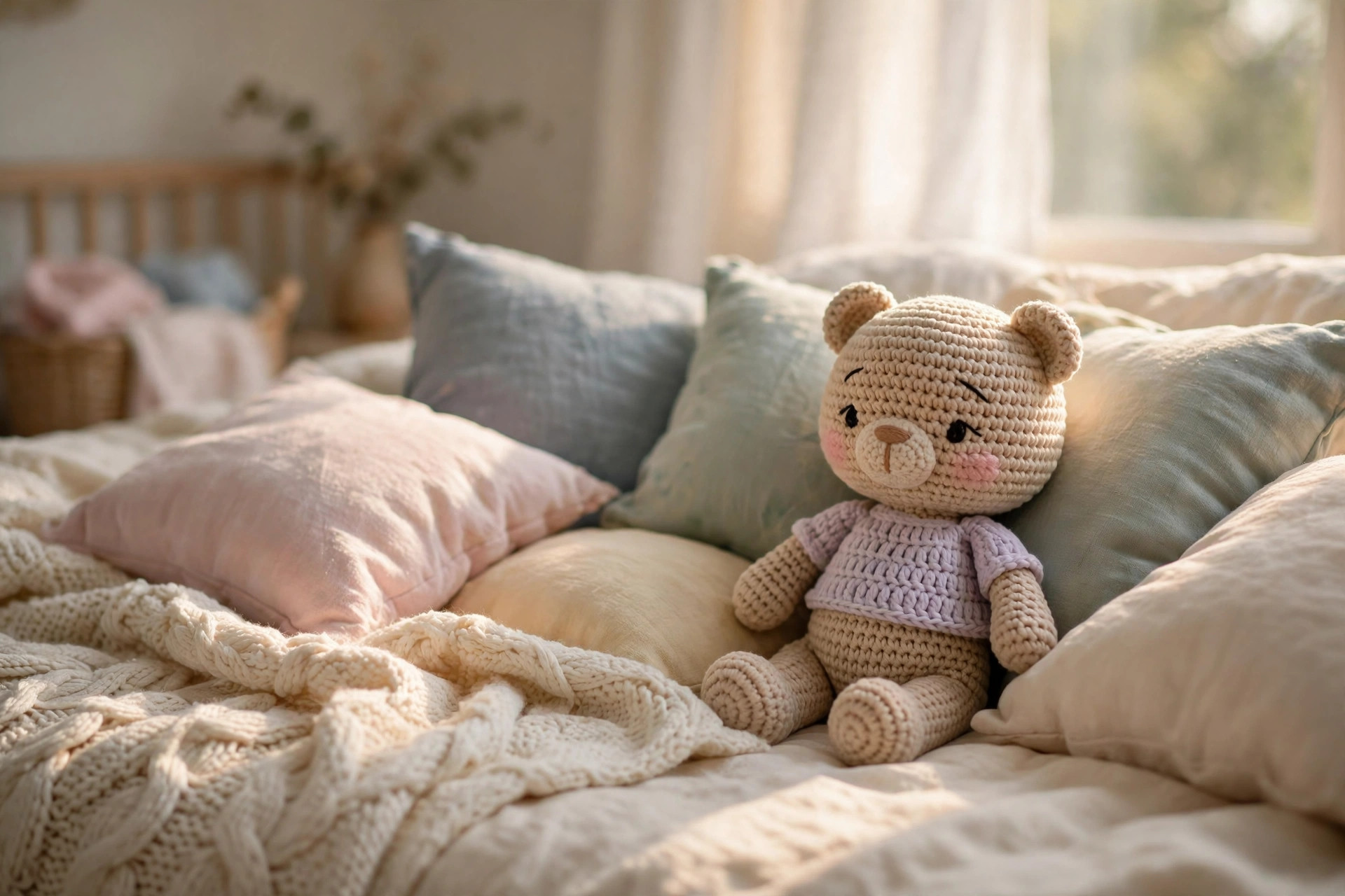 A handmade crocheted amigurumi doll sitting among soft pastel cushions on a cozy bed with a knit throw blanket, amigurumi doll free pattern