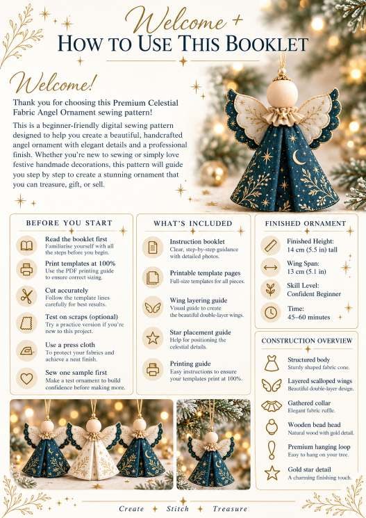 Welcome overview page: finished angel, before-you-start checklist, what's included and a construction overview