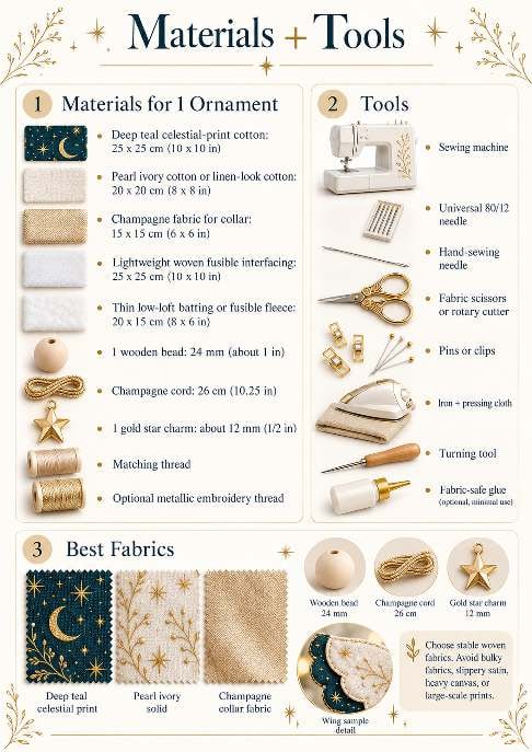 Materials and tools laid out for one ornament: fabric pieces, interfacing, batting, wooden bead, cord, star charm and sewing tools
