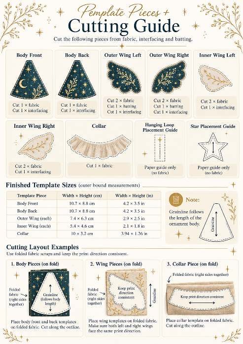Template pieces and cutting guide showing body, outer wings, inner wings, collar and placement guides with cut quantities