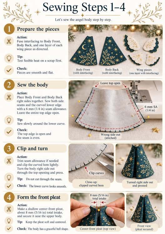 Sewing steps 1 to 4: fusing the pieces, sewing the body, clipping and turning the curve, and forming the front pleat