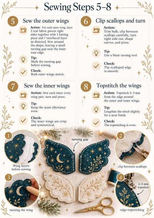 Sewing steps 5 to 8: the outer wing sandwich, clipping scallops and turning, the inner wings, and topstitching