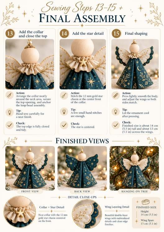 Sewing steps 13 to 15 and finished views: closing the top around the cord, adding the collar and star, final shaping, front and back views