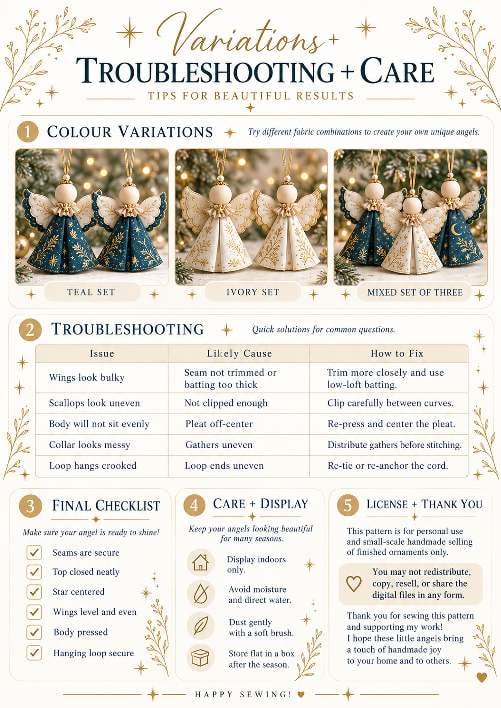 Variations, troubleshooting and care page showing a teal set, an ivory set and a mixed set of three angels