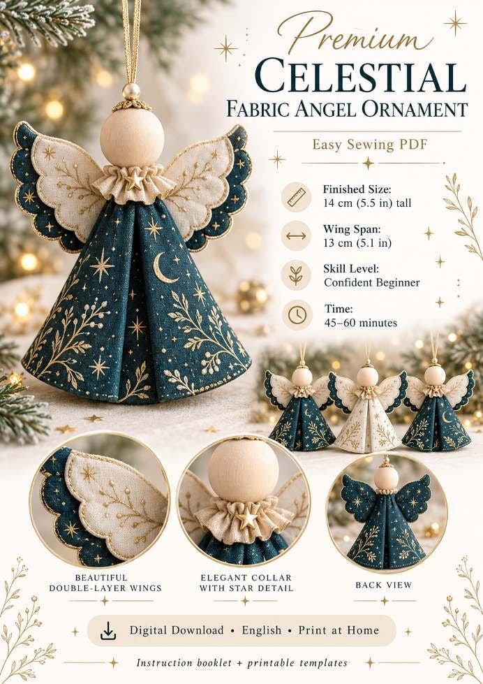 Finished celestial fabric angel ornament with double-layer wings, elegant collar with star detail and back view