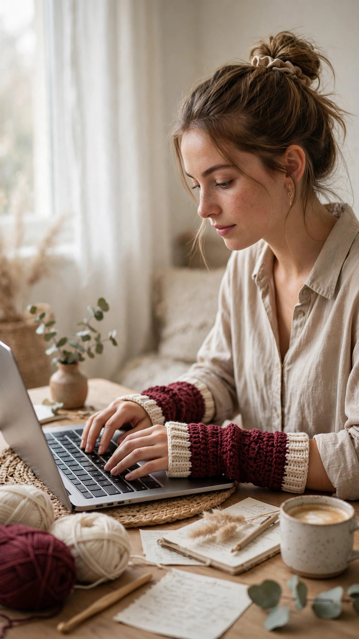 Burgundy crochet arm warmers with cream ribbed cuffs, a woman wearing them while typing on a laptop — arm warmer crochet pattern