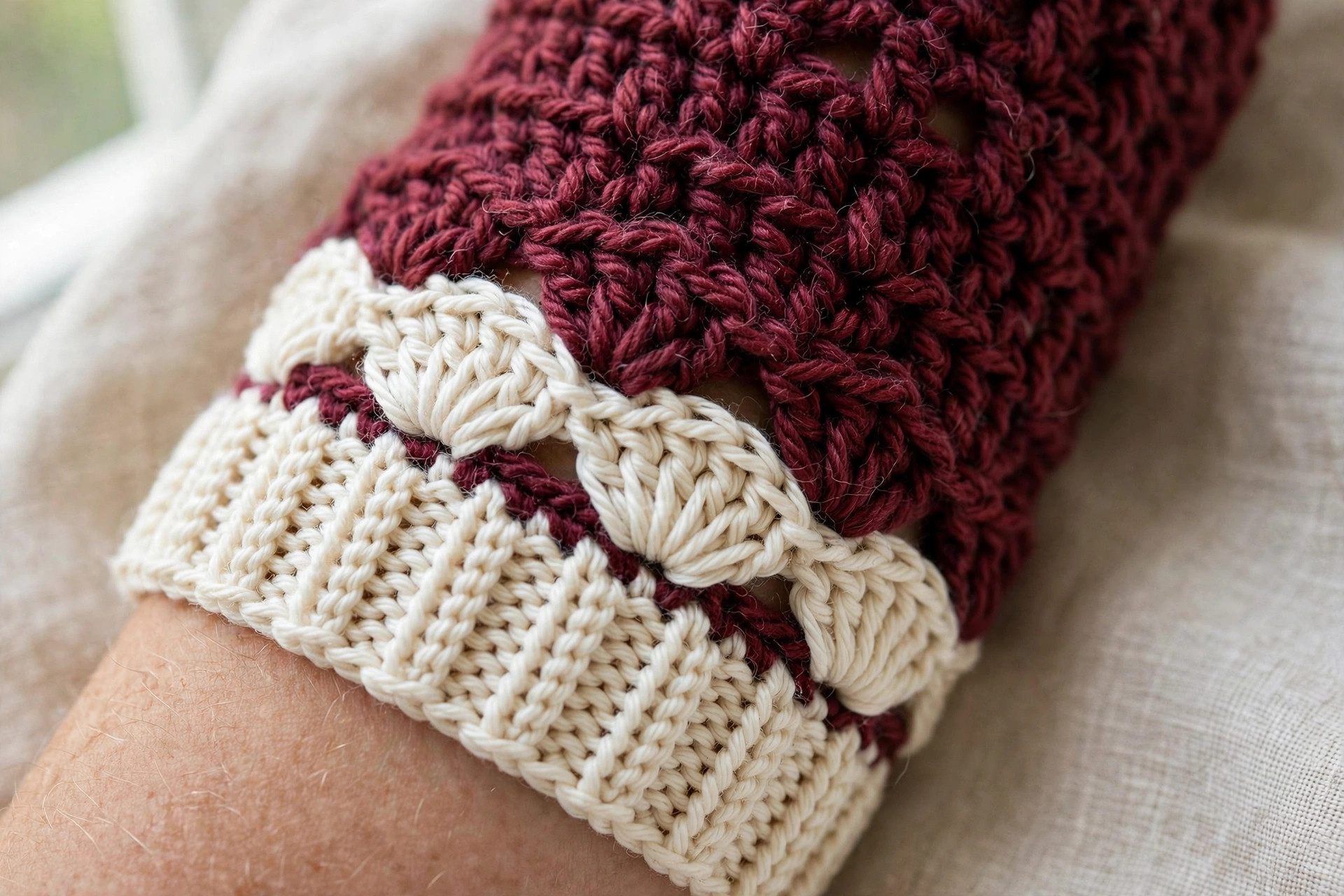 Close-up of burgundy crochet fabric with cream ribbed cuff and shell stripe on an arm warmer