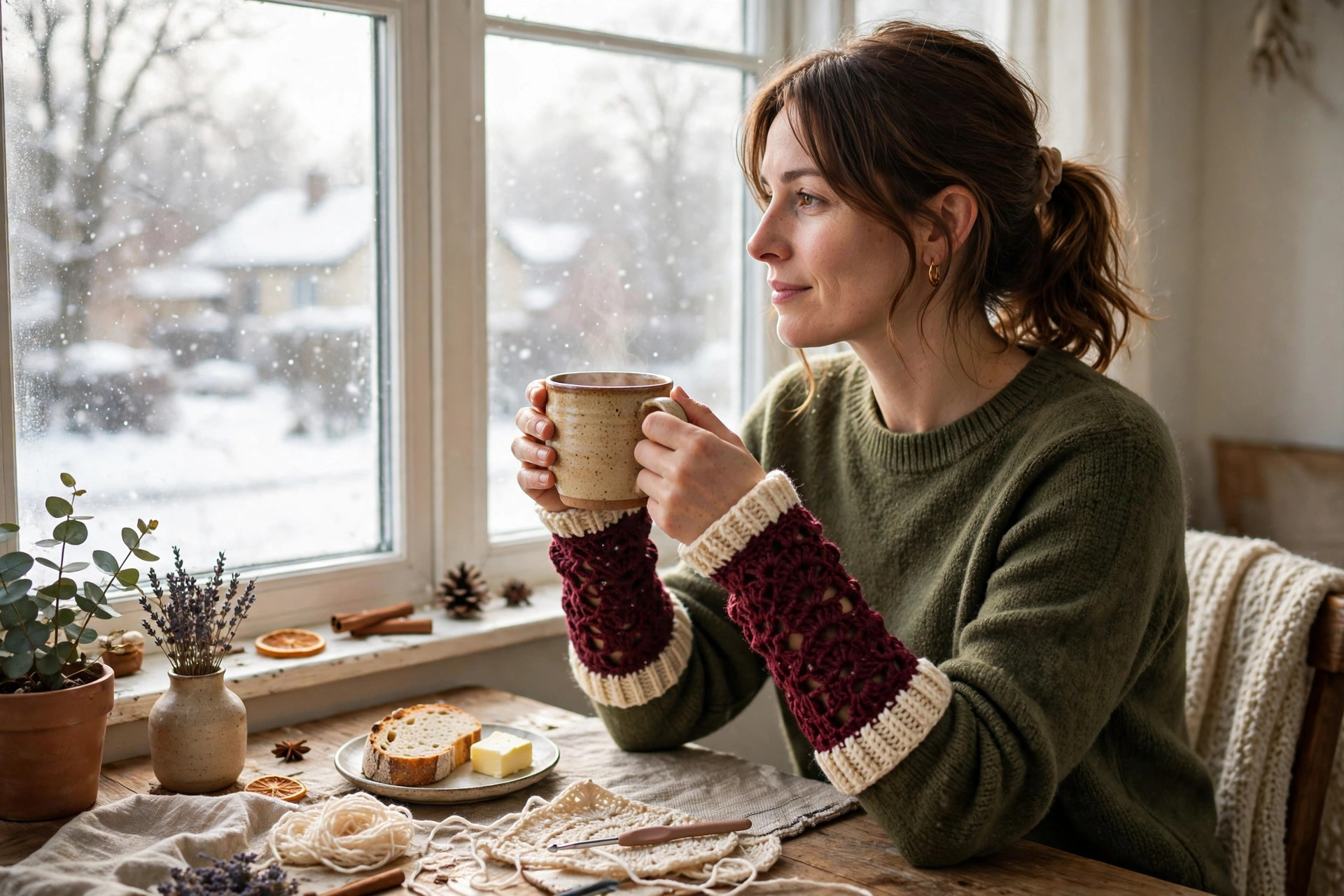 Woman wearing burgundy crochet arm warmers with cream ribbed cuffs while holding a mug of tea by a window