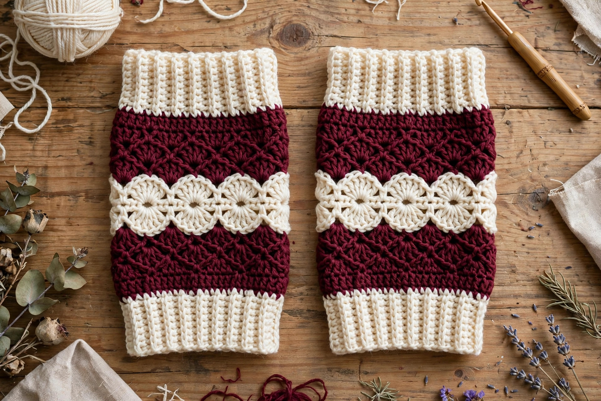 Flat lay of the finished burgundy crochet arm warmers with cream ribbed cuffs and shell stripe, on a wooden table — arm warmer crochet pattern