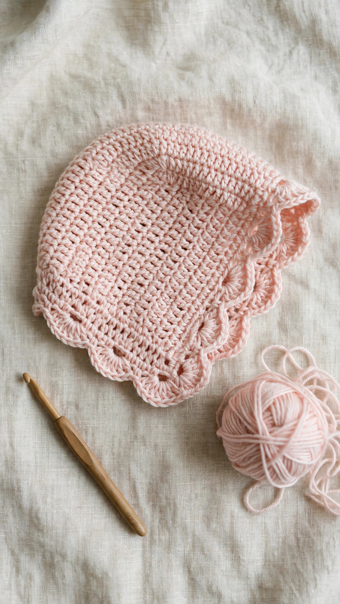 Blush pink crochet baby bonnet with scalloped edge lying flat with DK yarn and a crochet hook
