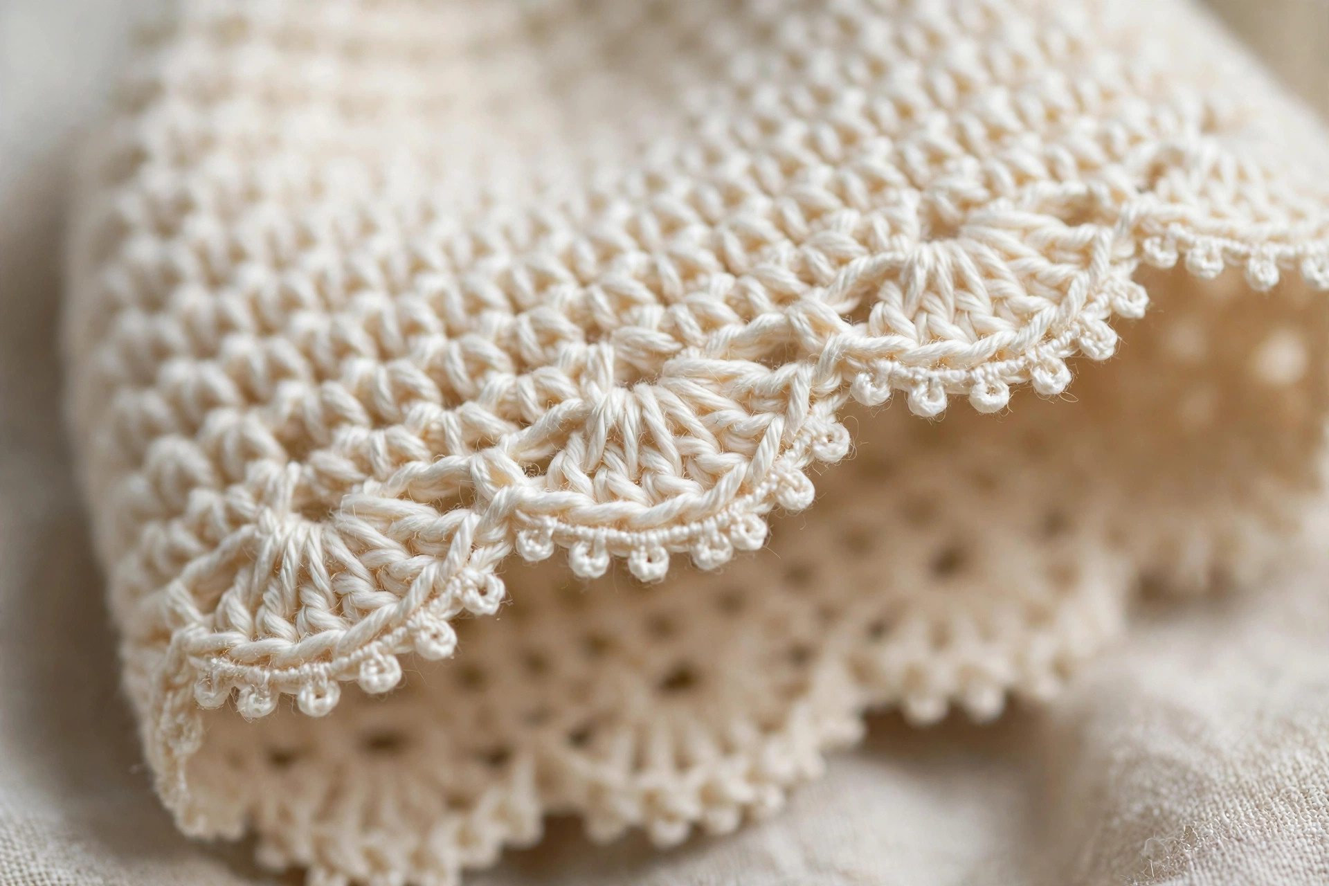 Close-up of the scalloped shell-stitch front edge and picot trim of a crochet baby bonnet