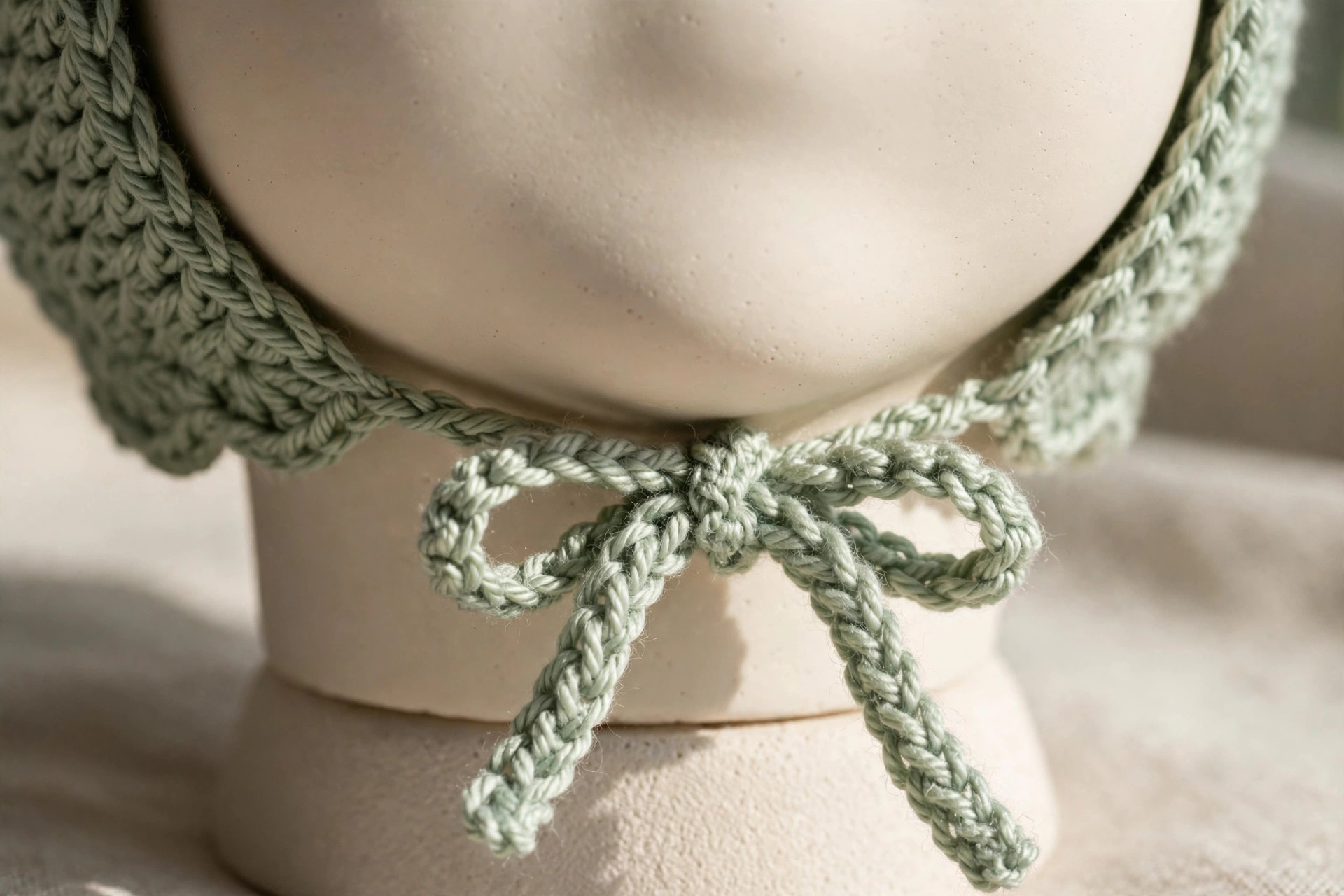 Close-up of the crocheted chin ties of a sage green baby bonnet tied in a small bow