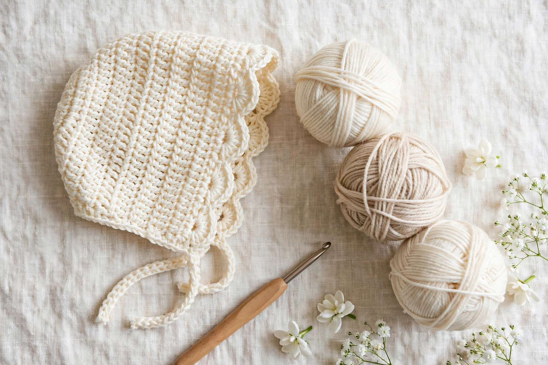 Cream crochet baby bonnet flat lay with DK yarn, crochet hook and small white flowers