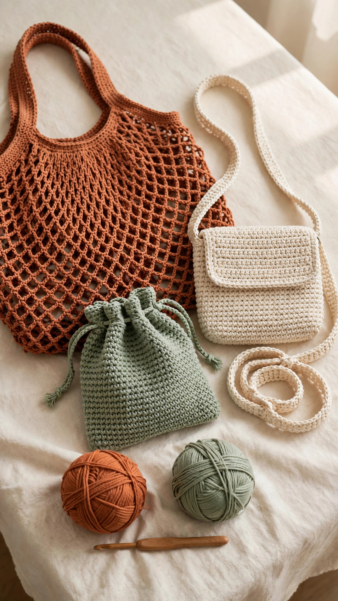 Free crochet bag patterns — terracotta market tote, sage drawstring pouch and cream crossbody bag with yarn and crochet hook on cream linen