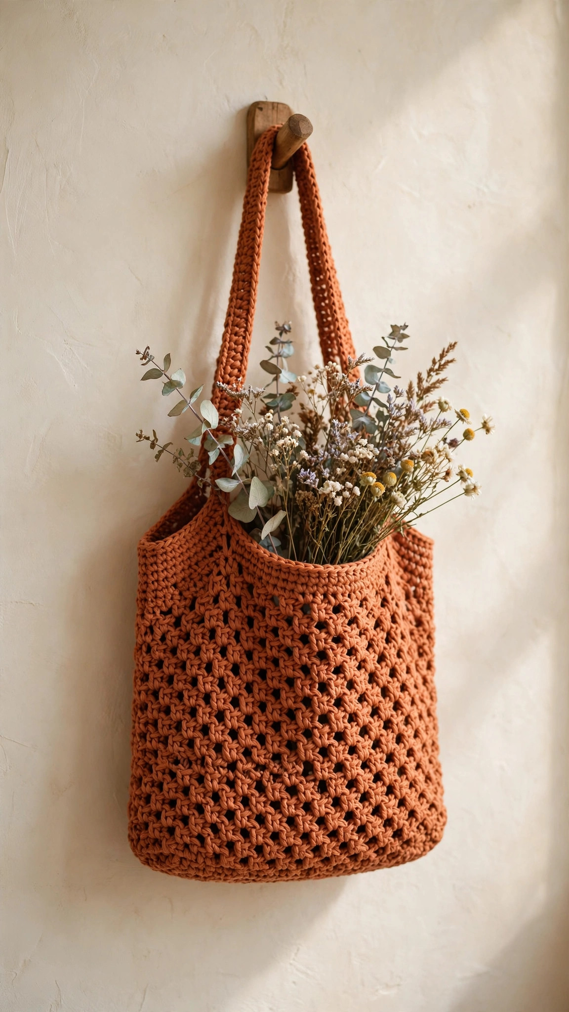 Terracotta crochet market tote hanging on a wooden peg with dried flowers — free crochet bag patterns