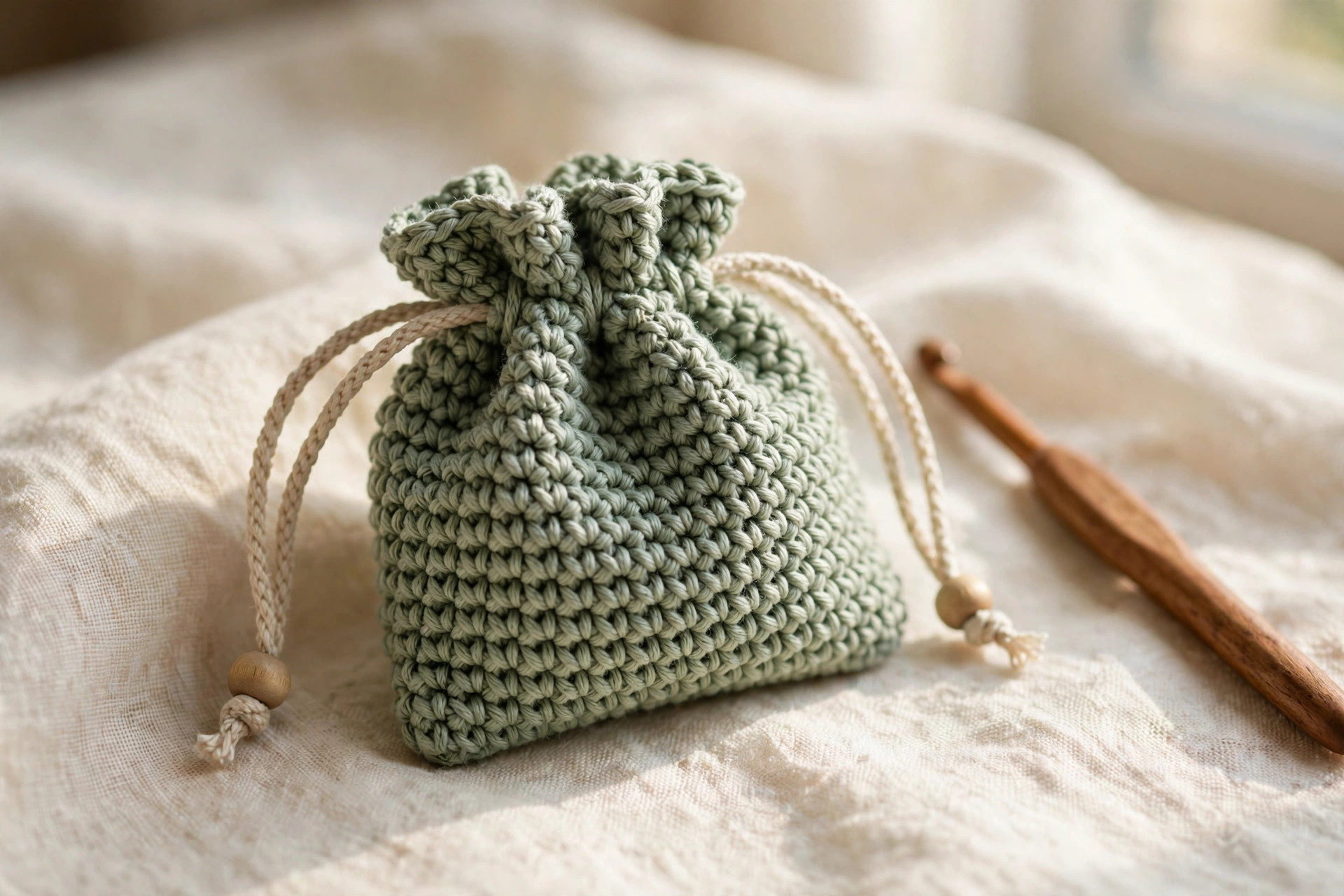 Close-up of sage green crochet drawstring pouch with wooden beads — free crochet bag patterns