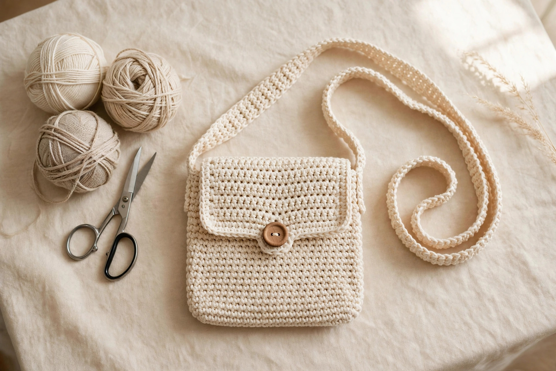 Cream crochet crossbody bag with wooden button and long strap — free crochet bag patterns