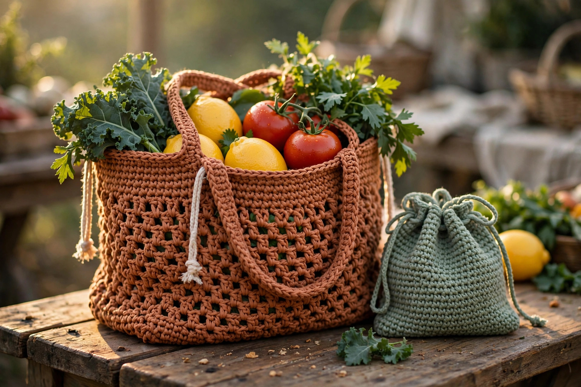 Terracotta crochet market tote filled with fresh produce at a farmers market — free crochet bag patterns