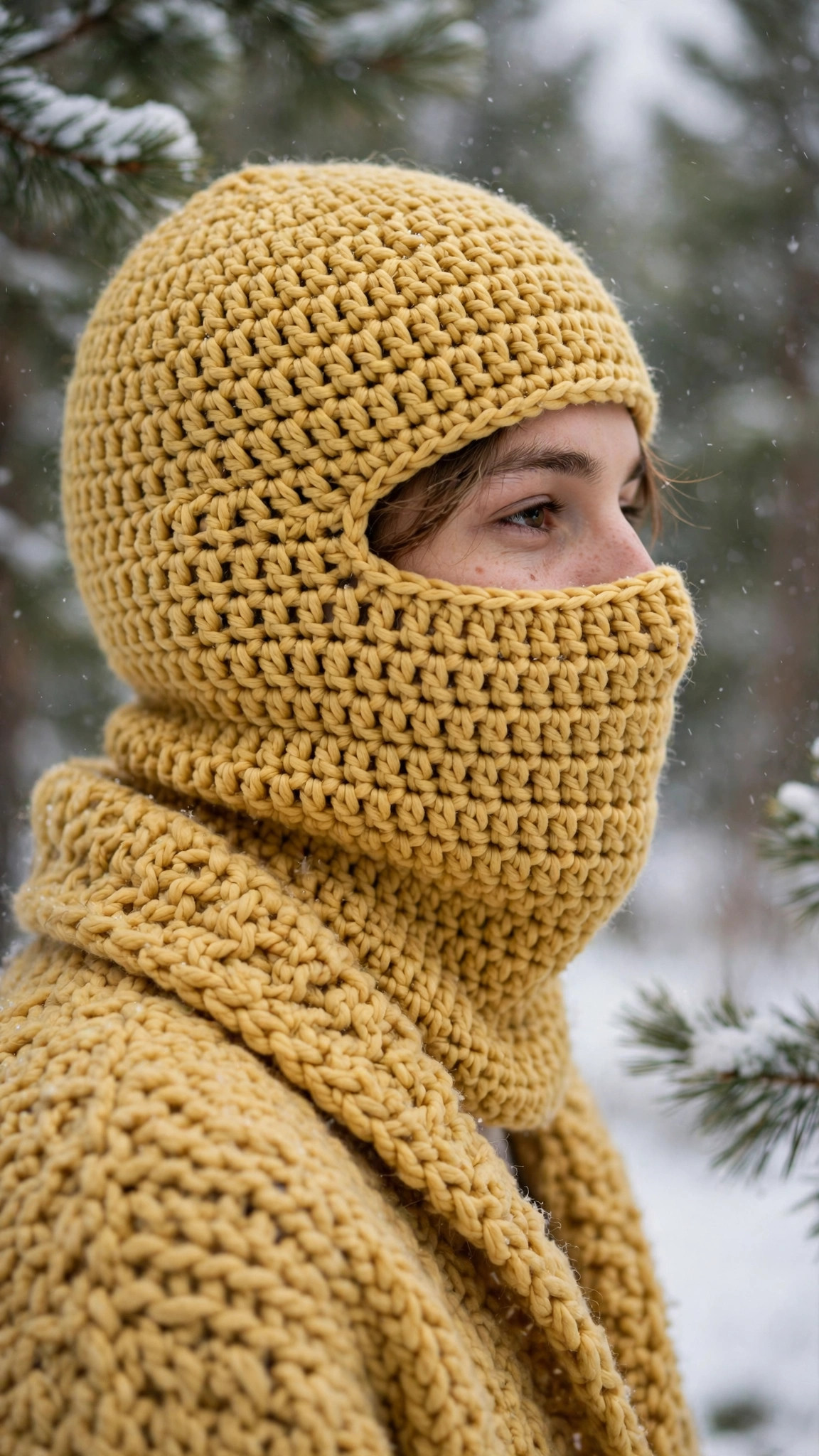 A person wearing a handmade crocheted balaclava ski mask in mustard yellow yarn outdoors in light snow with pine trees behind, free crochet balaclava pattern