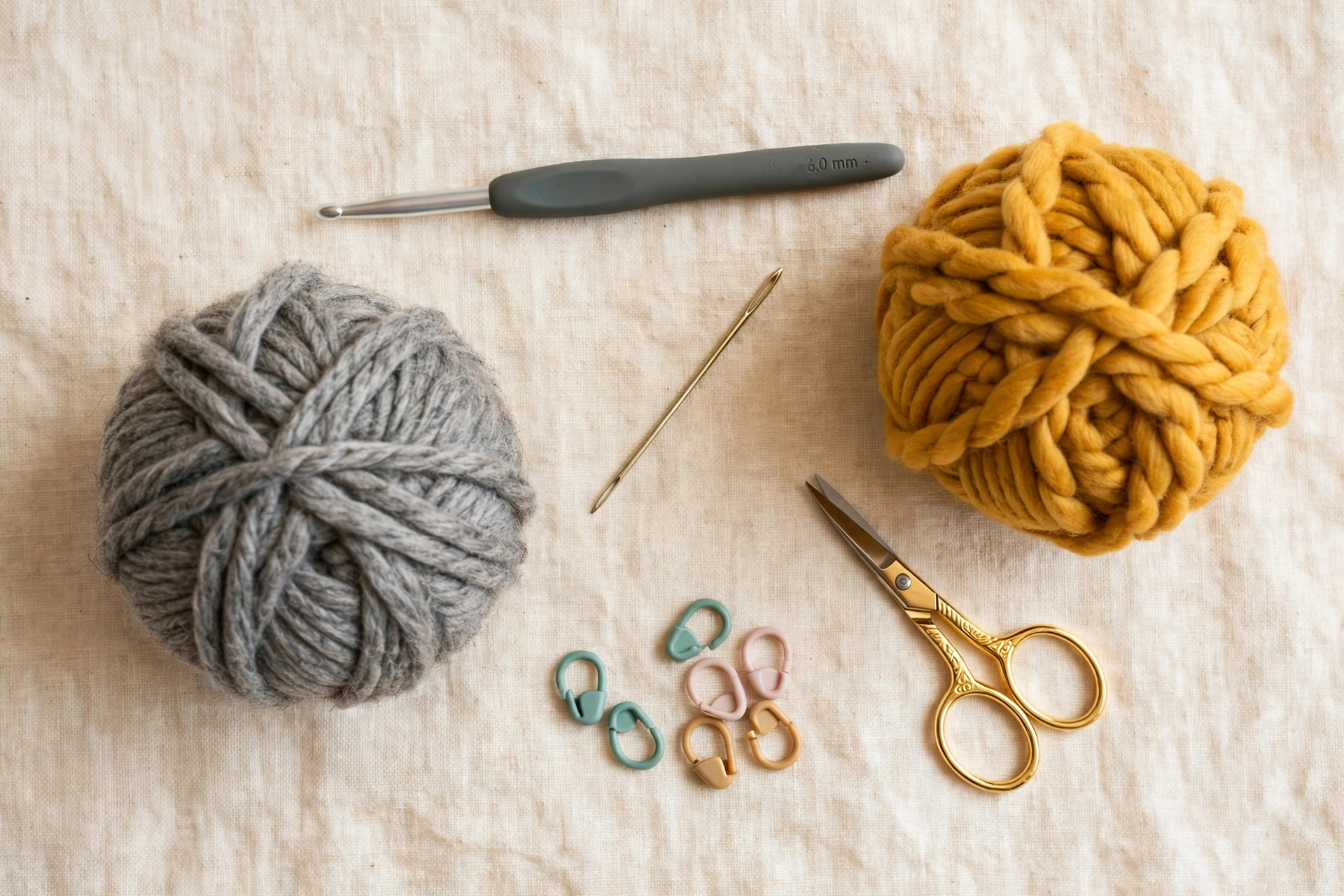 Flat lay of chunky grey and mustard yellow yarn balls, a crochet hook, tapestry needle, scissors and stitch markers on cream linen, free crochet balaclava pattern materials