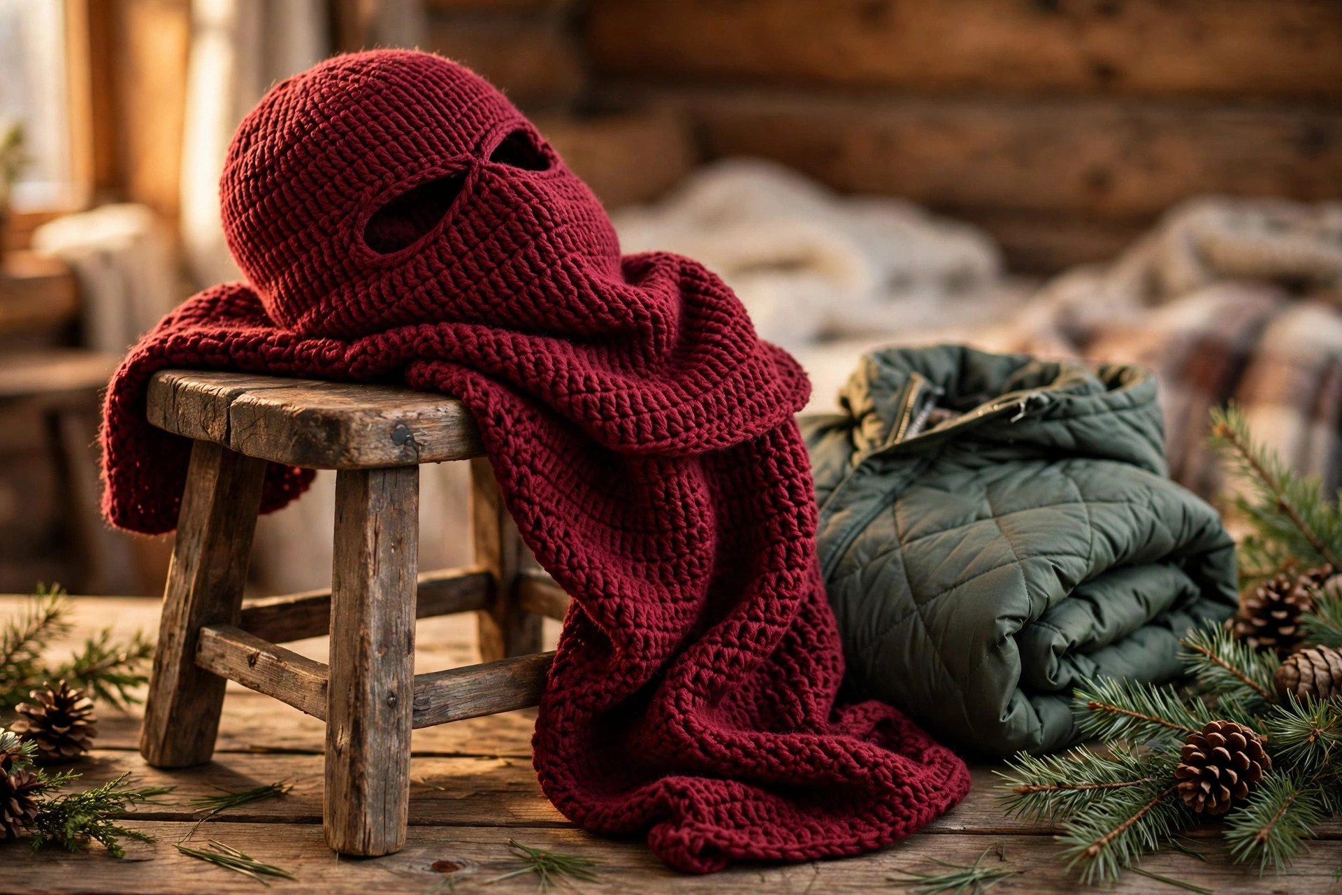 A finished handmade crocheted balaclava ski mask in burgundy red draped over a wooden stool with a winter coat and pine branches, styled for winter, free crochet balaclava pattern