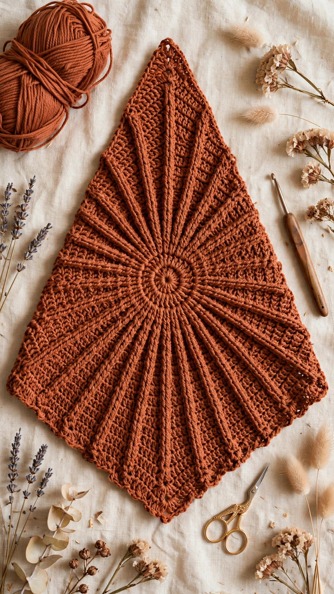 Terracotta crochet triangle bandana kerchief with radiating sunbeam ridges spread flat with yarn, hook and dried flowers — free crochet bandana pattern
