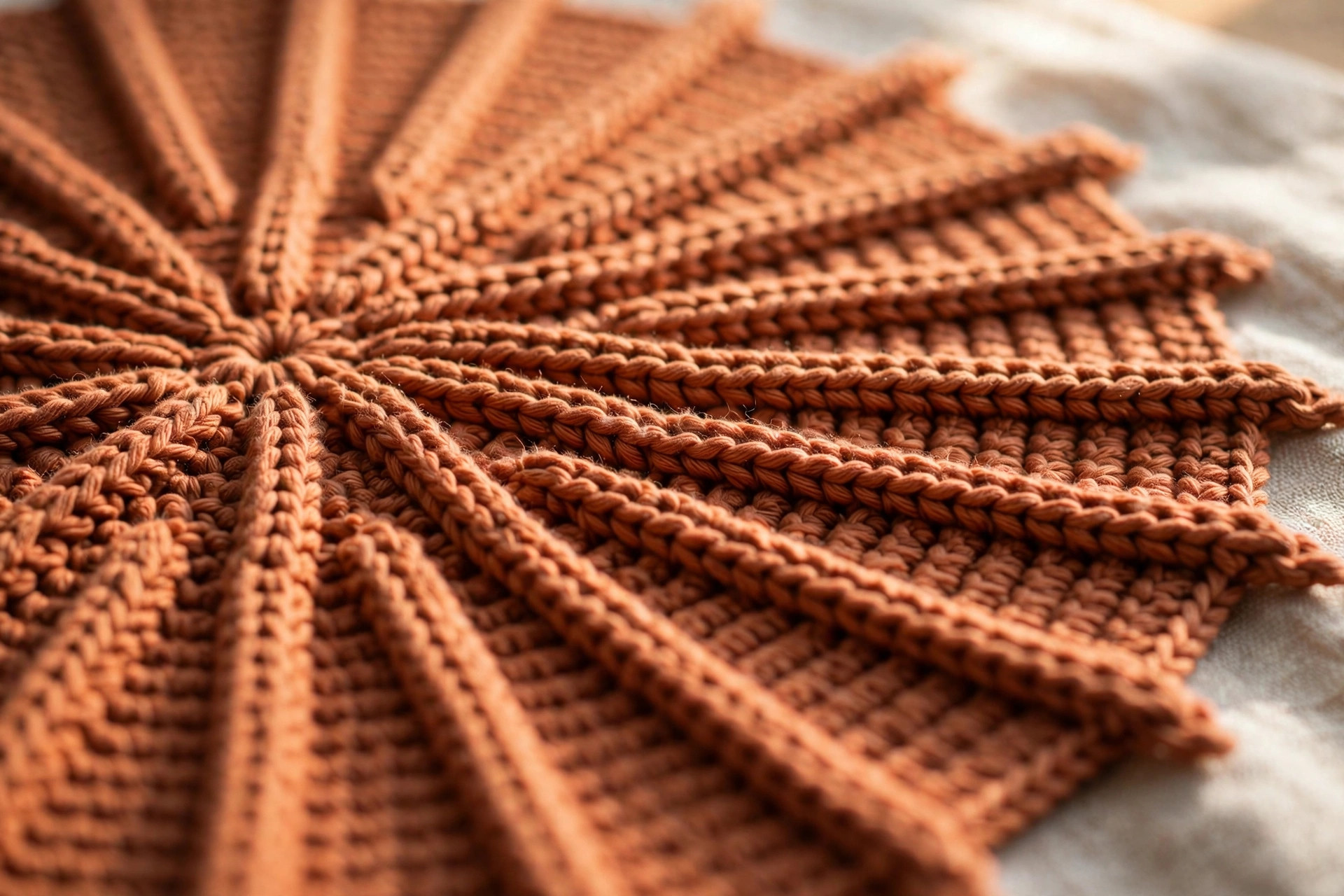 Close-up of terracotta crochet fabric showing raised front-post ridges radiating between smooth double crochet rows