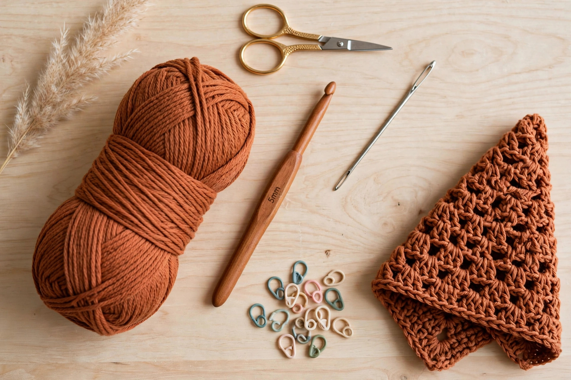 Flat lay of crochet supplies for the bandana: terracotta cotton yarn, 5mm hook, scissors, tapestry needle and stitch markers on a wooden table