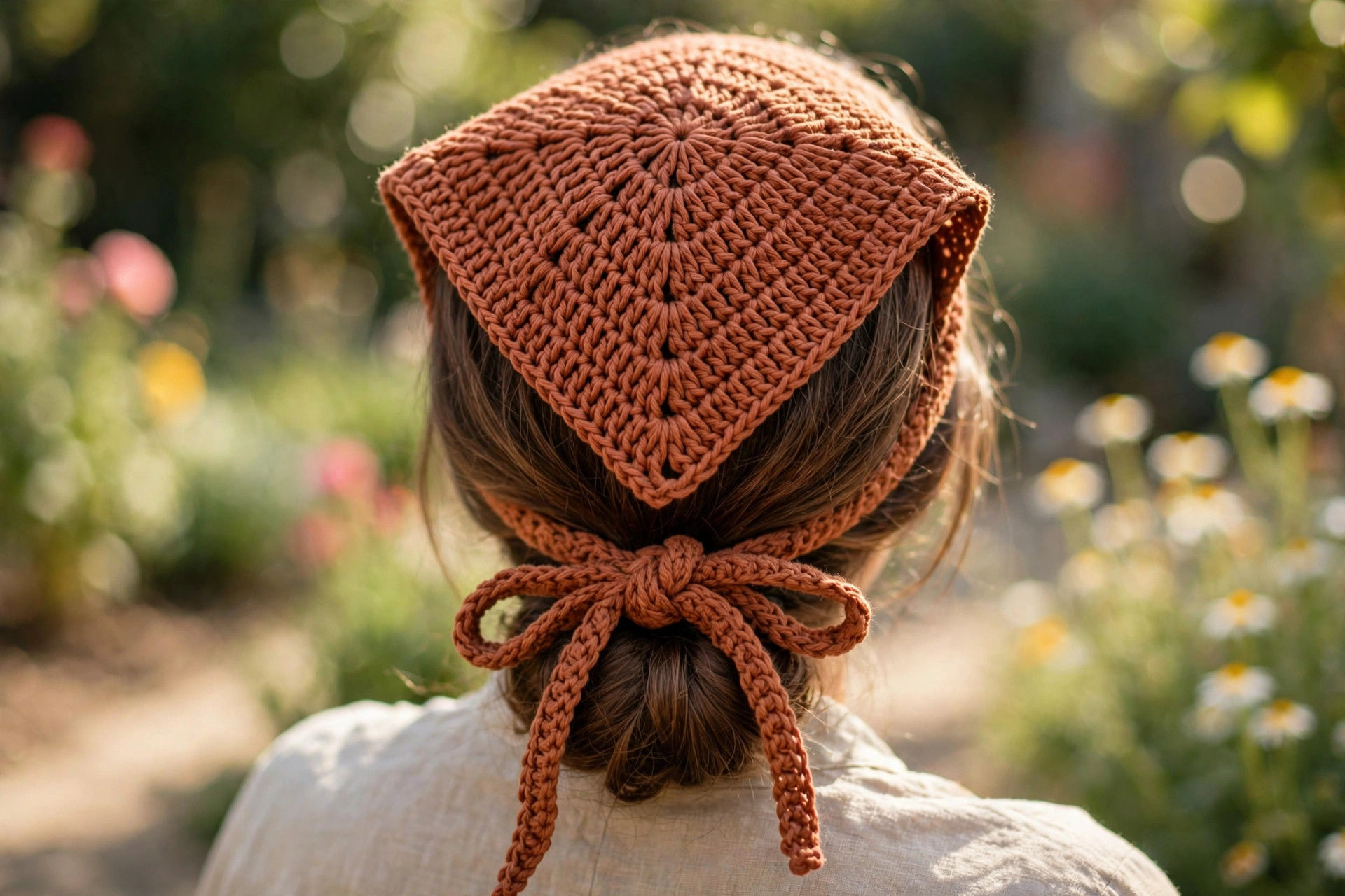 Back view of woman wearing the terracotta crochet bandana kerchief tied in a bow under her hair in a garden