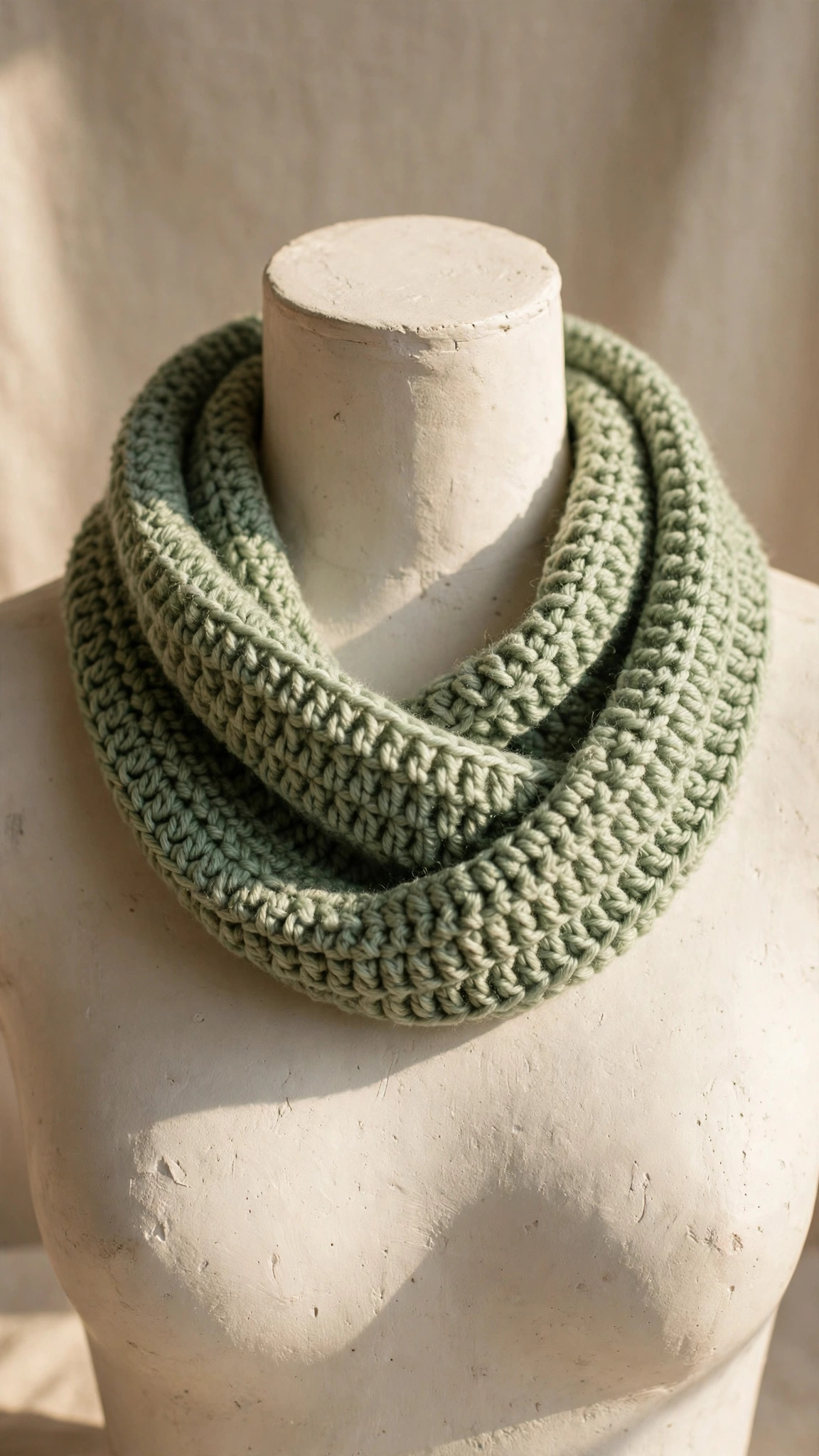 A handmade crocheted infinity scarf in soft sage green yarn looped on a mannequin bust, basic crochet scarf patterns