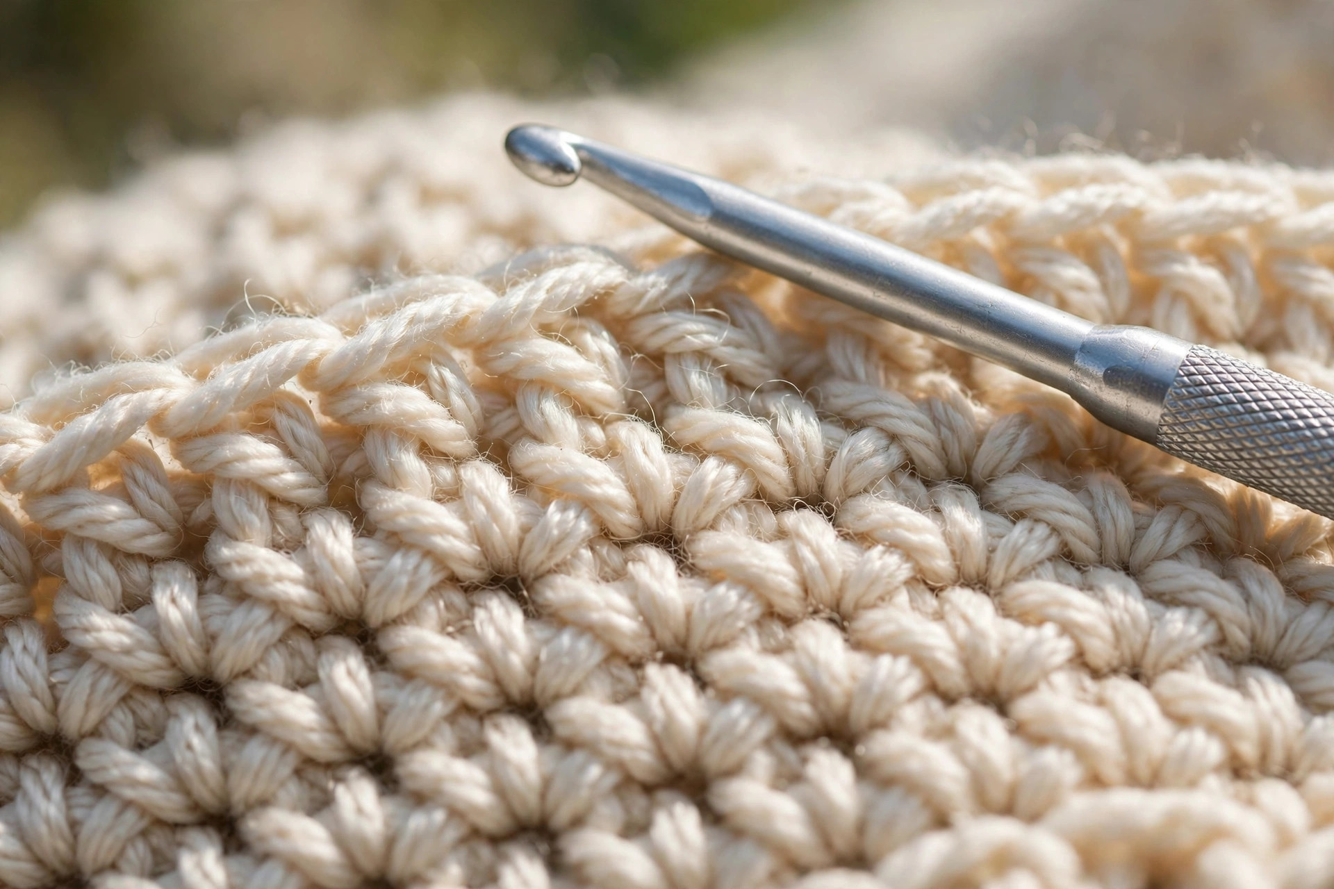Close-up macro detail of crochet double crochet stitches in cream worsted yarn with a crochet hook, basic crochet scarf patterns