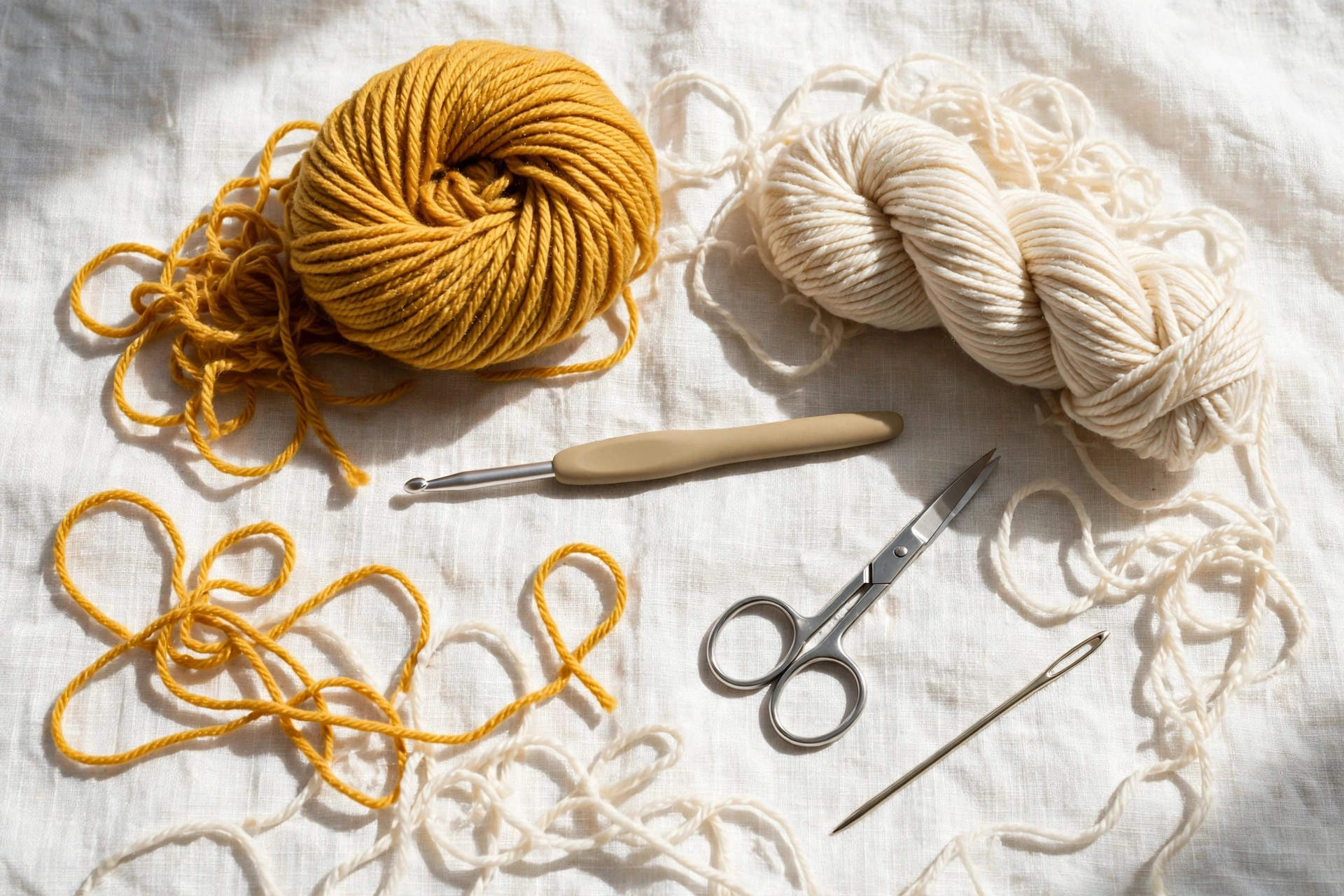 Flat lay of mustard and cream yarn skeins with a crochet hook, scissors and tapestry needle, basic crochet scarf patterns