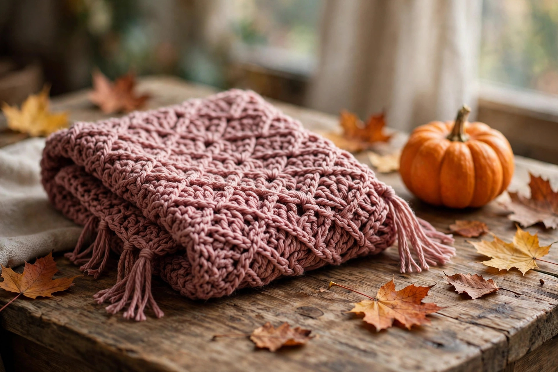 A finished handmade crocheted scarf in dusty rose yarn with fringe ends, folded on a rustic wooden table with autumn leaves, basic crochet scarf patterns