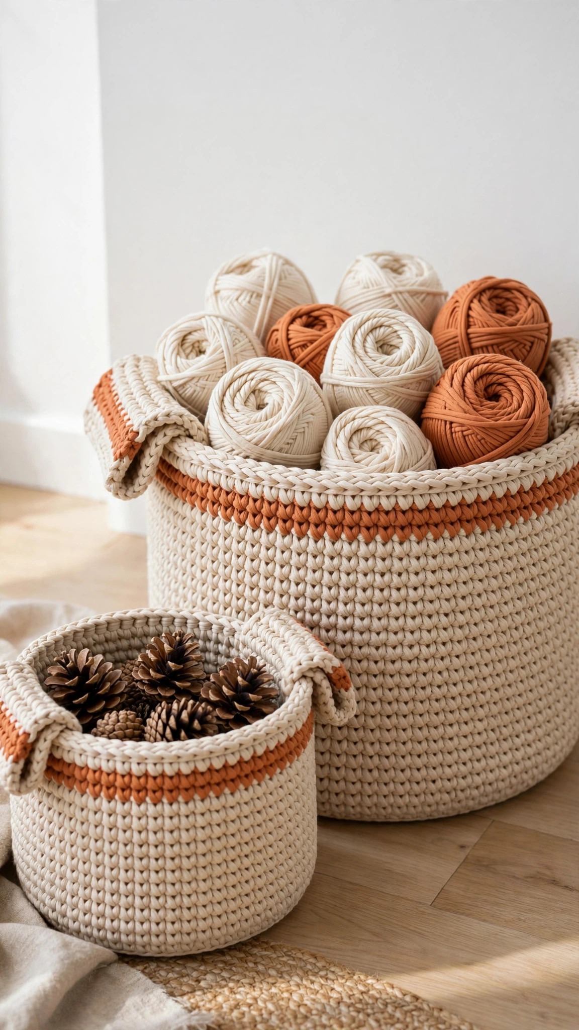 Two finished round crochet storage baskets in beige cotton cord with terracotta stripes, large one holding yarn balls and small one holding pine cones — free crochet basket pattern