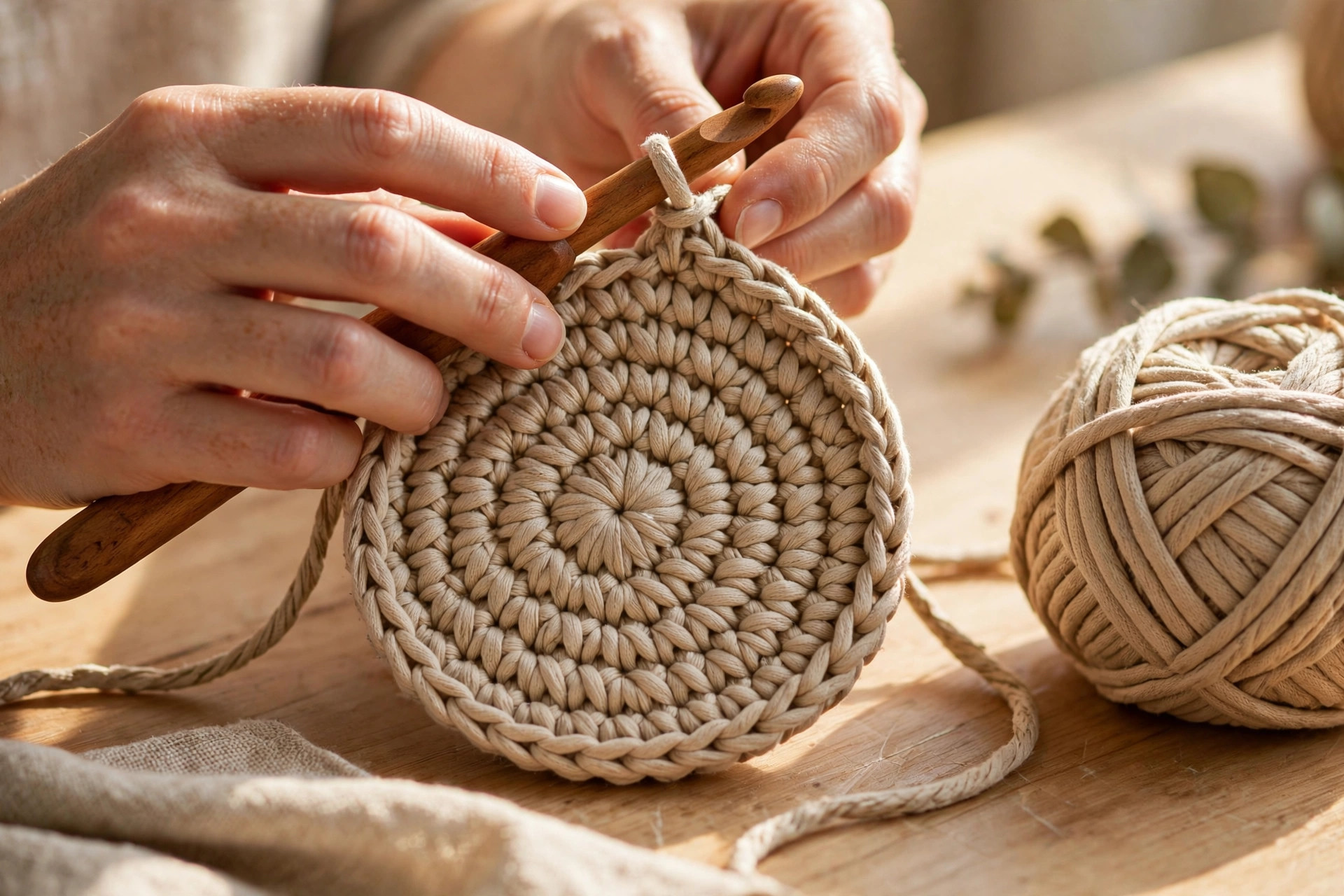 Hands crocheting the round flat base of a storage basket with a large wooden hook in thick beige cotton cord