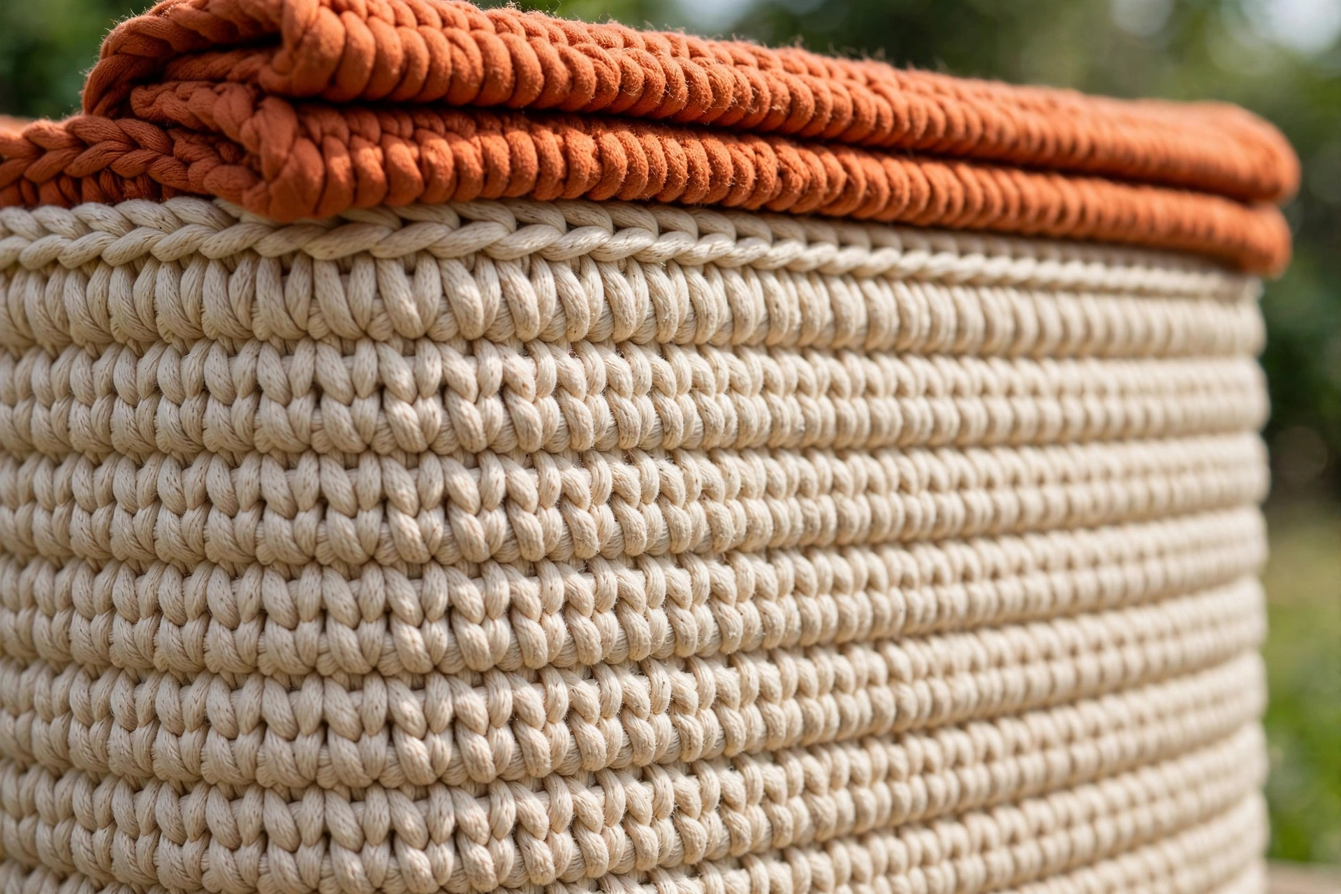 Extreme close-up of the basket wall showing chunky back-loop-only single crochet ridges in beige cord with a folded terracotta rim